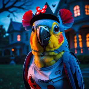 Green cheek conure parrot black beak big eyes red tummy wearing...