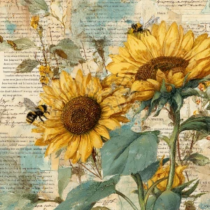 Sunflower and bee junk journal page, vintage paper collage with...