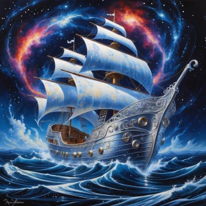 In a swirling cosmic seascape, a silvery ornate galaxy galleon g...