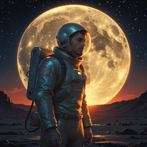 A serene moon miner, bathed in the ethereal glow of a distant lu...