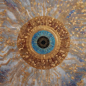 Intricately woven circuits of gold and silver shimmer against a...