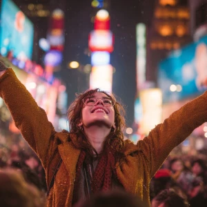 A young woman joyfully celebrating New Year's Eve amidst the vib...