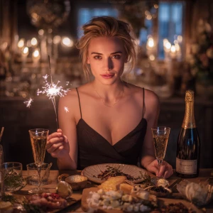 A elegant woman sitting at a beautifully arranged New Year's din...