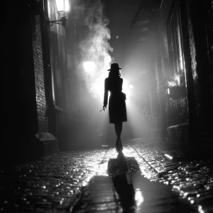 A mysterious woman walking alone through a dimly lit noir city s...