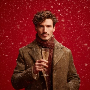 A man standing on a vibrant red square, holding a sparkling glas...