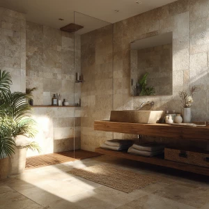 Generate a realistic image of a compact beige bathroom interior...