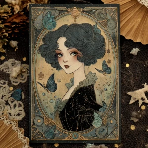 Edwardian fae journal card — black butterflies, astrolabes, hang...