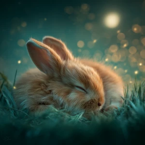 tiny baby rabbit asleep curled in soft grass, warm golden twilig...