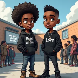 Create a photorealistic cartoon-style caricature featuring two s...