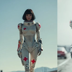 a japanese magazine advertisement with text of A futuristic fema...