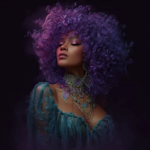 Create an image of an enchanting woman with luscious, cascading...