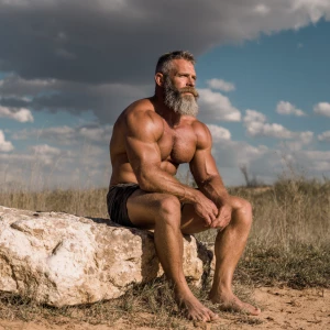 A close-up image of a white male bodybuilder sitting on a large...