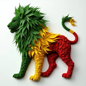 Generate an image of a lion made out of cannabis leaves, featuri...