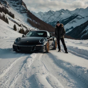 make an image of 2 snow boarders in the mountains that are dress...