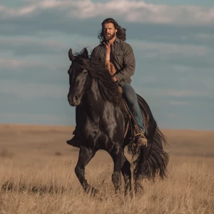 A bodybuilder man with a rugged beard and long brown hair, dress...