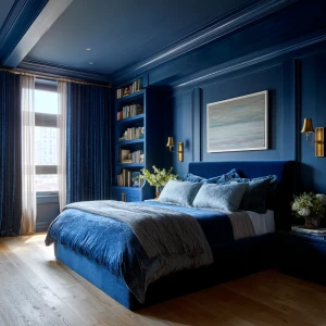 Ultra-realistic photograph of a bold color-drenched bedroom, ful...