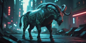 In a neon-lit dystopian cityscape, a cybernetically enhanced min...