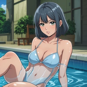 A women with in a clear bathing suit, anime