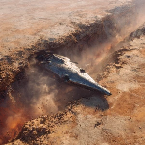 Illustrate the dramatic aftermath of a high-velocity, low-angle...