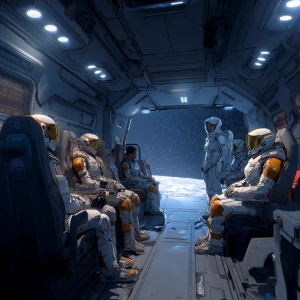 In a futuristic realistic art style, inside the dark vast transp...