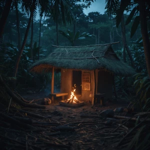 A small rustic mud house with grass roof deep in a dark dense ju...