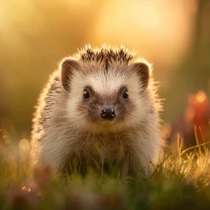 ultra-cute baby hedgehog sitting in soft woodland grass at golde...