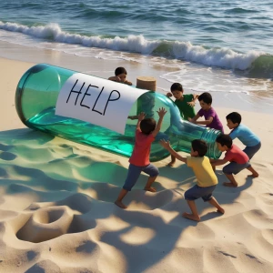 A giant glass bottle lies on a sand beach,inside the bottle, the...