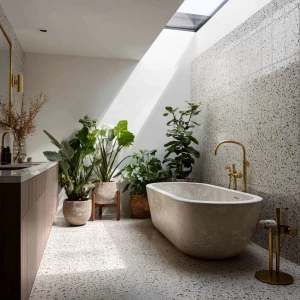 Design a Scandinavian bathroom featuring terrazzo walls, a frees...