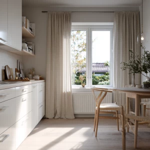 Create a serene Scandinavian kitchen scene with soft daylight ge...