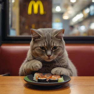 Generate an image of a cat sitting at a table inside a McDonald'...