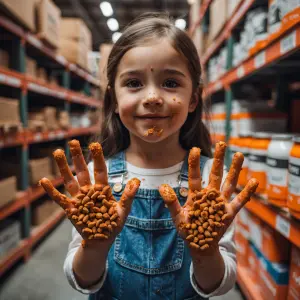 Little girl with cat food covering her hands completely covered...