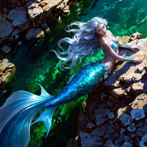 A menacingly enchanting mermaid with shimmering sapphire scales,...