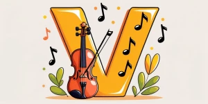 “Charming cartoon violin with a friendly face and musical notes...