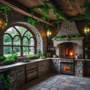 Kitchen — Stone Garden Hearth
Open-plan stone kitchen with arch-...