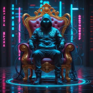 In the center of the painting, a glitched-out cyberpunk hacker e...