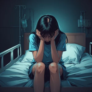 A girl sitting alone in a dim hospital room, head down, broken e...