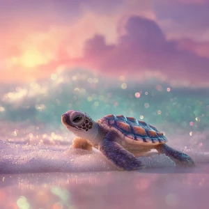 A baby sea turtle named Tika, crawling gently across soft, wet s...