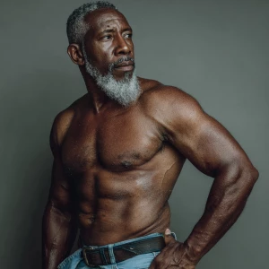Generate an image featuring a mature, muscular man exuding confi...