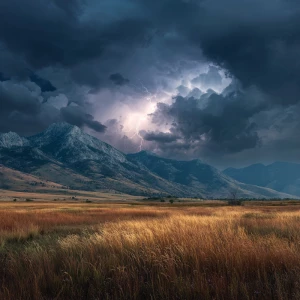 Cinematic 16:9 wide shot of Rocky Mountain meadow as dark storm...