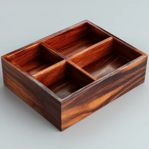 Create an image of a sturdy wooden box with three equally sized...