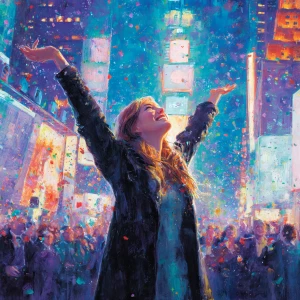 A young woman celebrating New Year's Eve amidst the vibrant ligh...