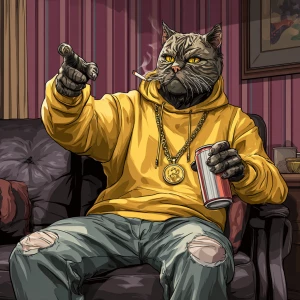 A humanoid cat character sitting in a dark room with striped cur...