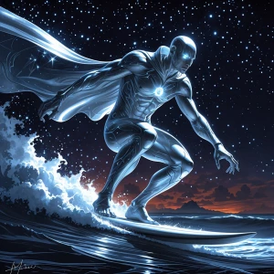 A chilling silvery pulsar surfer glides through the cosmic waves...
