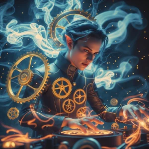 A crackling clockwork spellcaster, each cog and gear humming wit...