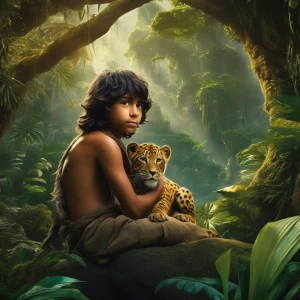In a lush jungle setting, visualize a young boy named Mowgli wit...