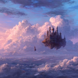 Floating castle above the clouds, soft magic tones