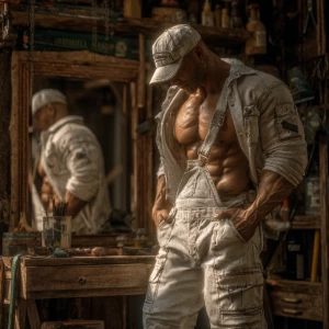 Generate an image of a muscular and hairyhandyman without a shir...