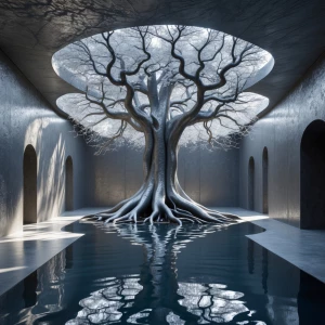 The Silver Root Room: At the heart of the chamber rises a magnif...