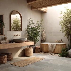 Create a serene and luxurious bathroom inspired by Japandi style...