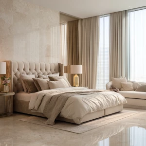 Ultra-realistic photo of a luxury bedroom in warm beige and crea...